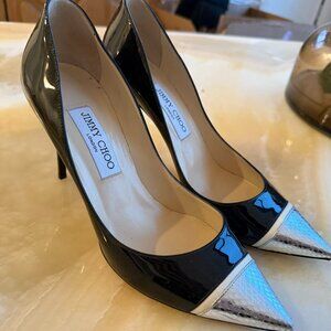 Jimmy Choo Black Patent Leather Pumps with Metallic Snakeskin Toe Heels